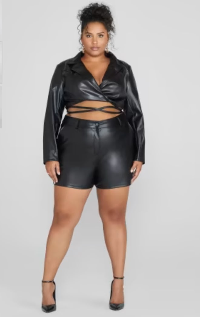 Jenesia Faux Leather Cropped Blazer