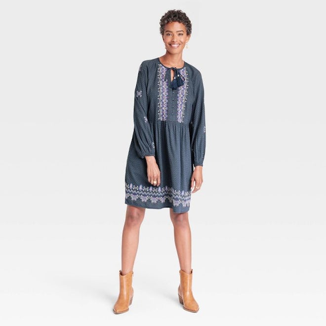 Balloon Long Sleeve Embroidered Dress