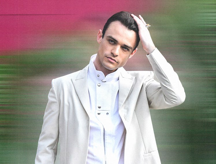 A photo of Thomas Doherty in a white tuxedo