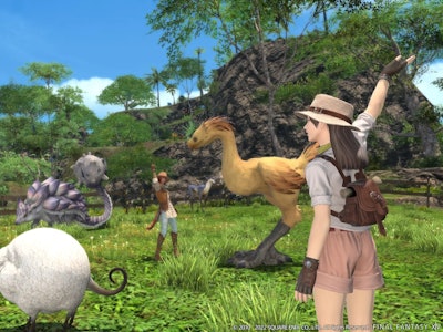 Two characters surrounded by different creatures in FFXIV Island Sanctuary