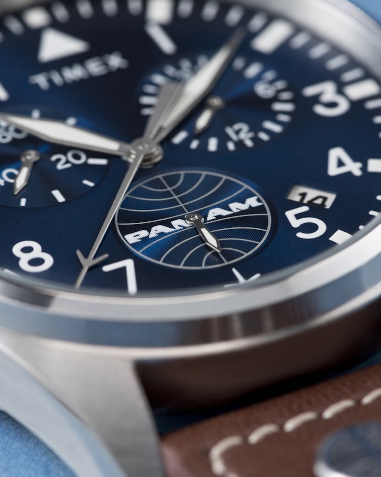 Close up of Timex x Pan Am Waterbury Chronograph.