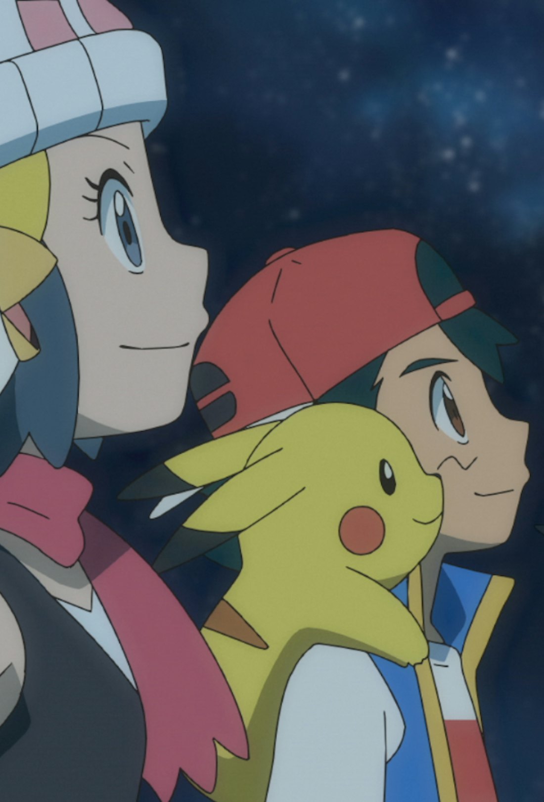 Ash, Pikachu and friends look upward.