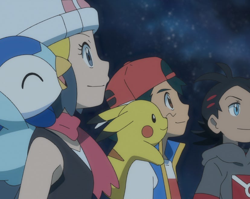 Ash, Pikachu and friends look upward.