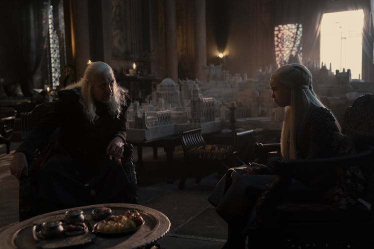 Paddy Considine as King Viserys I Targaryen and Milly Alcock as Princess Rhaenyra Targaryen in House...