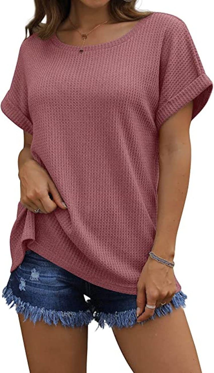 IWOLLENCE Waffle Knit Short Sleeve Blouse