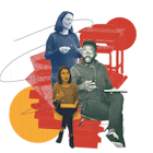 Three people talking about child education in an abstract collage with geometric forms and lines