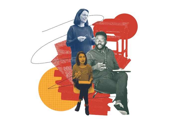 Three people talking about child education in an abstract collage with geometric forms and lines