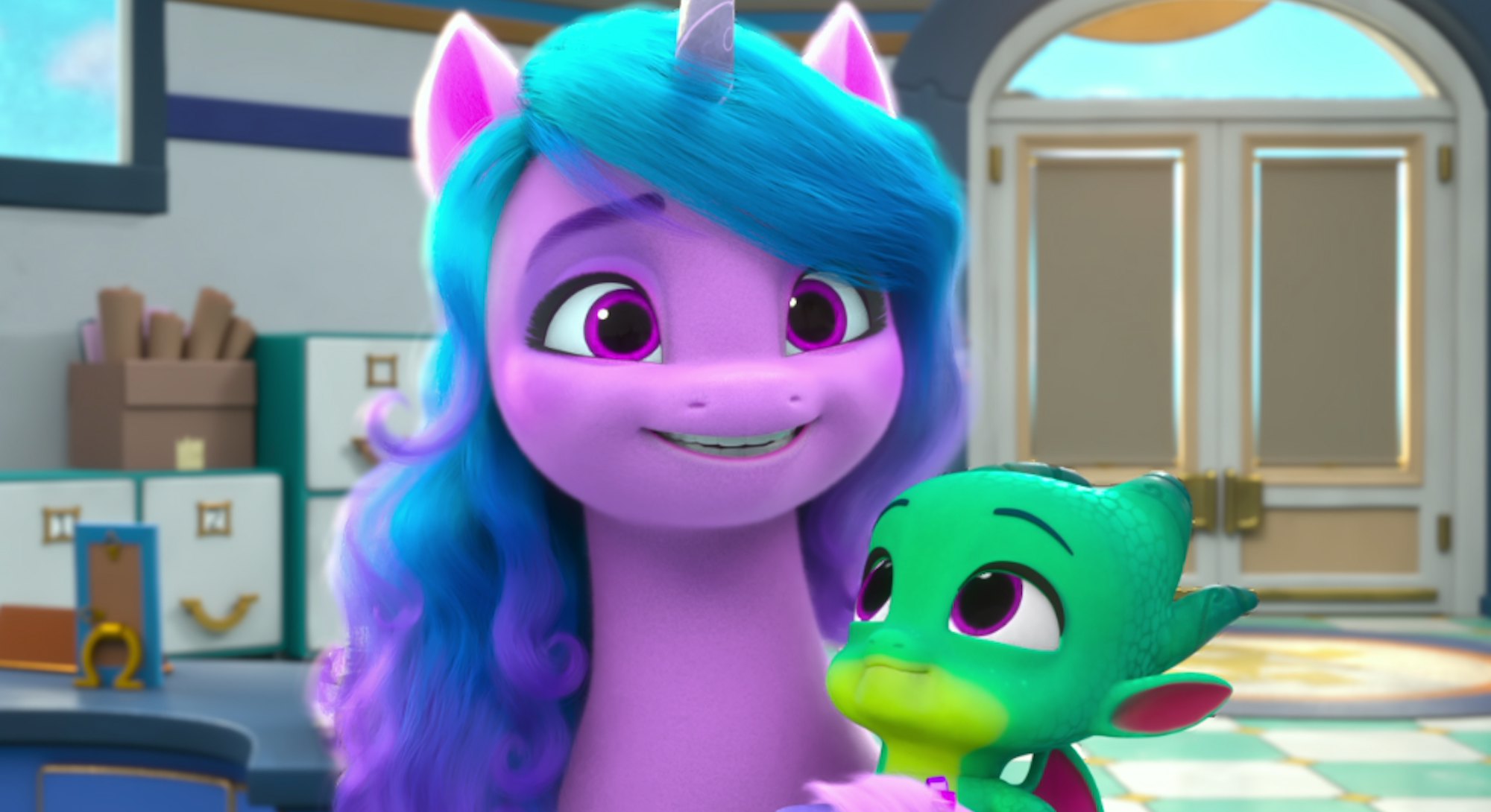 A unicorn from My Little Pony holds a baby dragon.