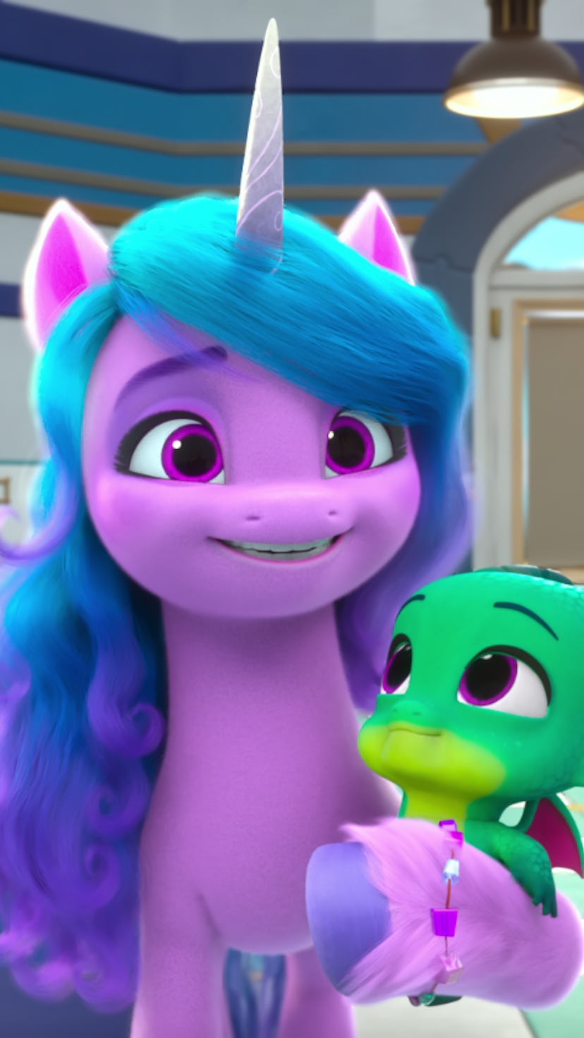 A unicorn from My Little Pony holds a baby dragon.