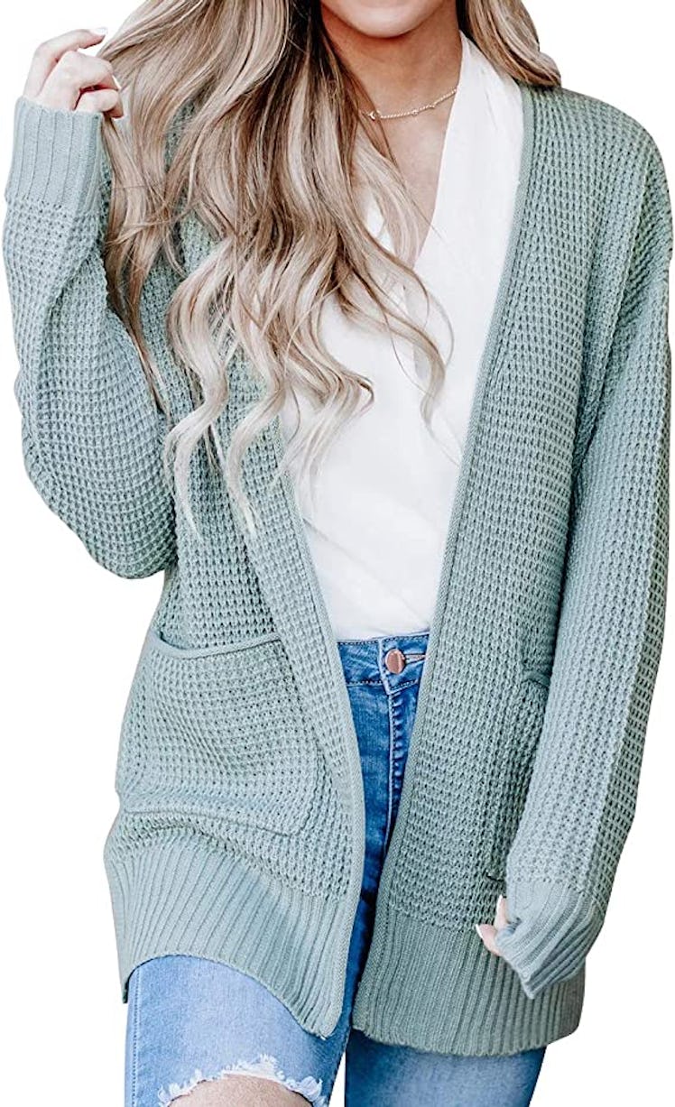 MEROKEETY Long Sleeve Waffle Knit Cardigan