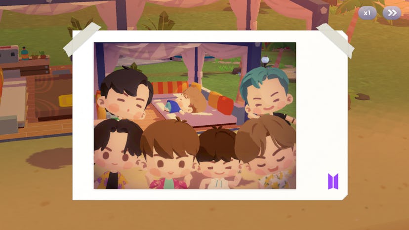 A screenshot from the game In the Seom that shows the seven members in a selfie polaroid together.