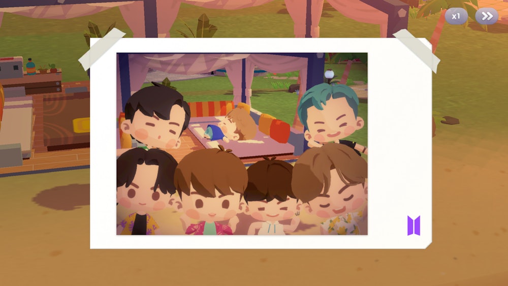 A screenshot from the game In the Seom that shows the seven members in a selfie polaroid together.