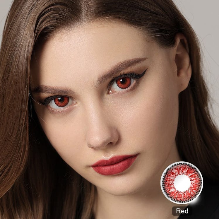 a red halloween costume idea is wearing red contact lenses