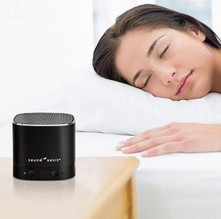The Sound Oasis pink noise machine for sleep is battery powered and includes 20 built-in sounds. 