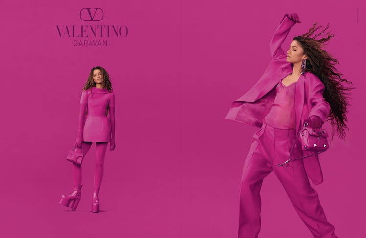 Two Zendayas in a bright pink Valentino campaign