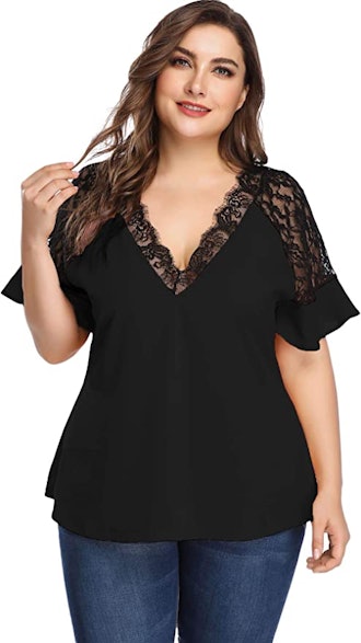 Romwe Lace Deep V-Neck Blouse