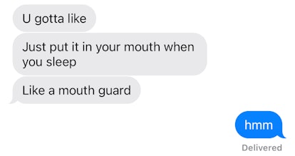 Text message exchange about lollipop being a mouth guard.