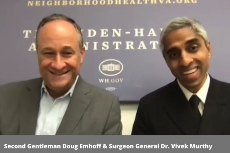 Second Gentleman Doug Emhoff sitting next to Surgeon General Dr. Vivek Murthy.