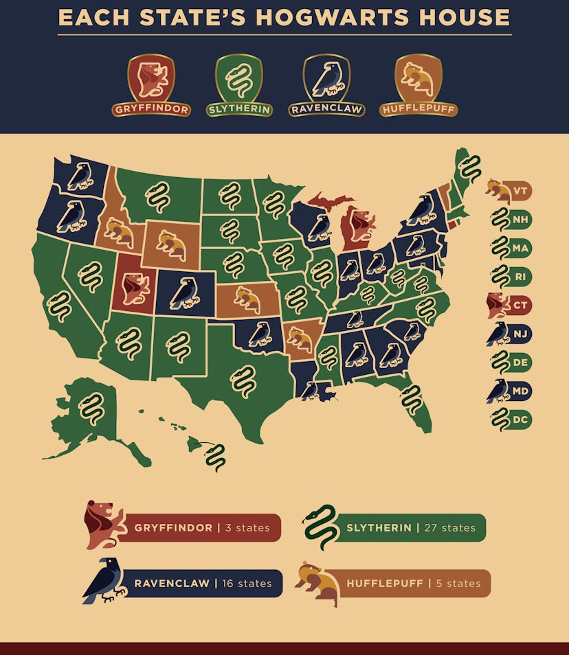 US map showing which states belong to which Harry Potter houses