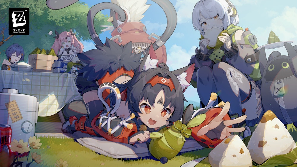 Illustration featuring four Zenless Zone Zero characters eating rice balls.