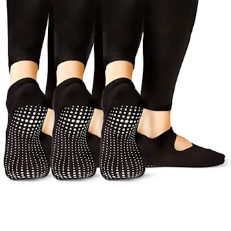 LA Active Grip Socks - 3 Pairs - Yoga Pilates Barre Non Slip - Ballet (Noire Black x 3, Medium)