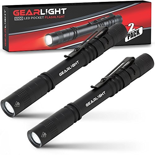 GearLight S100 LED Pocket Pen Light Flashlights with Clips, (2-Pack)