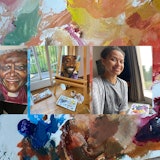 A collage of Gugu with her paintings