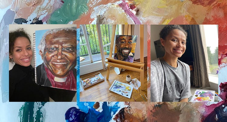 A collage of Gugu with her paintings