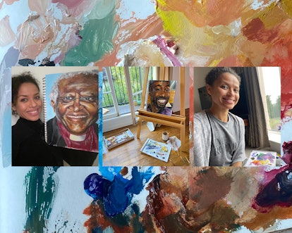 A collage of Gugu with her paintings
