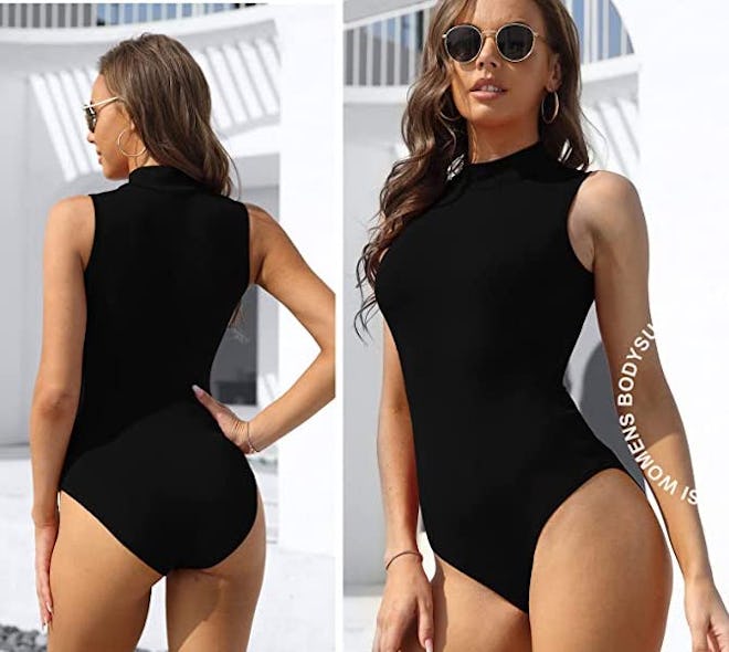 LAOLASI Mock Neck Sleeveless Bodysuit