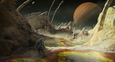 An alien landscape depicted in concept art for Starfield.