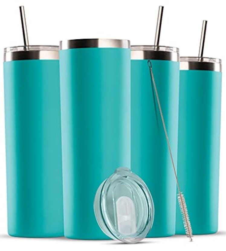 FineDine Insulated Skinny Stainless Steel Tumblers With Straws (4-Pack)