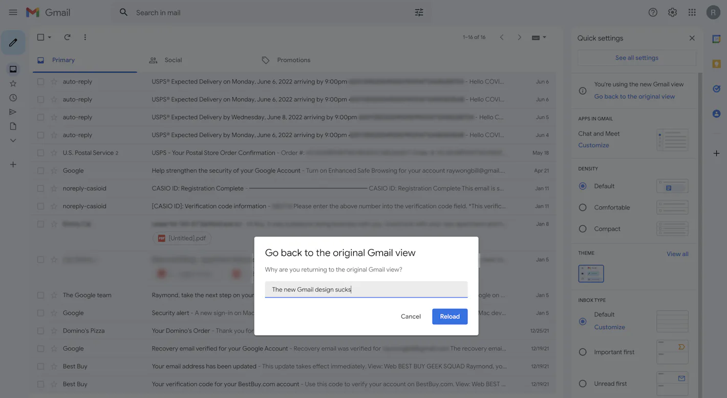 Gmail Layout Computer How to change Gmail back to original layout view