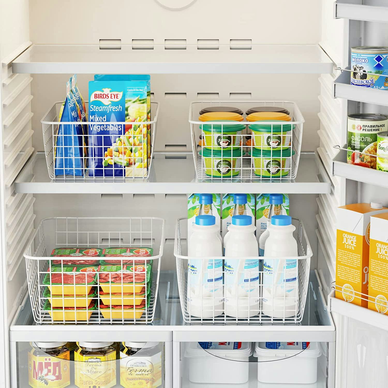 With a sleek wire frame, these iSPECLE baskets are some of the best fridge organizer bins.