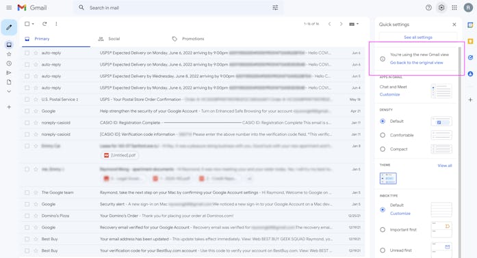 The Settings gear icon has an option to return back to the original Gmail layout.
