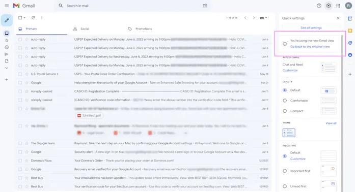 How to change Gmail back to original layout view