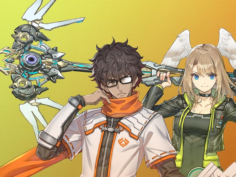 xenoblade chronicles 3 nerdy guy and lady with angel wings on her head