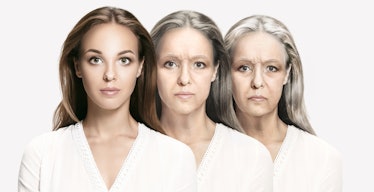 A comparison of three different stages of aging in the same woman representing a woman's aging conce...