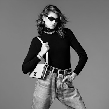 Kaia Gerber wearing sunglasses in a black-and-white Celine campaign