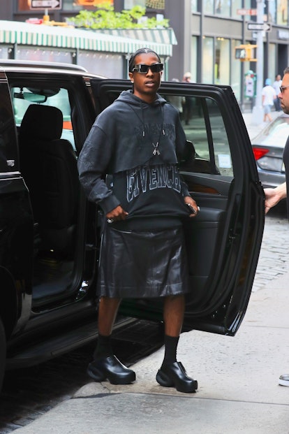A$AP Rocky Wears a Leather Skirt While Out in NYC