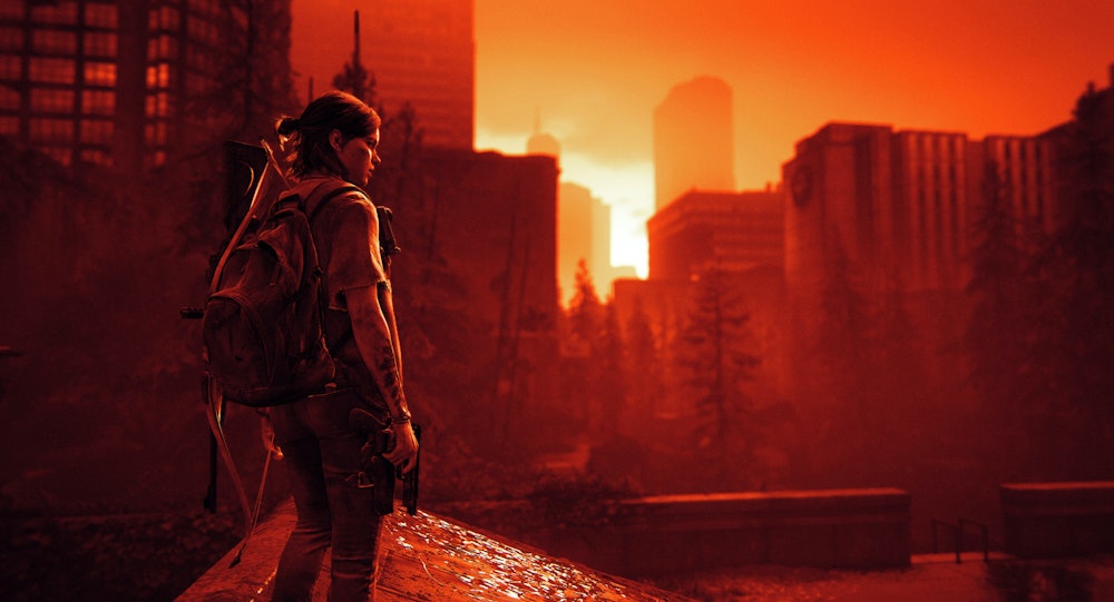 Ellie navigates the ruins of Seattle as the sun sets in The Last of Us Part II.
