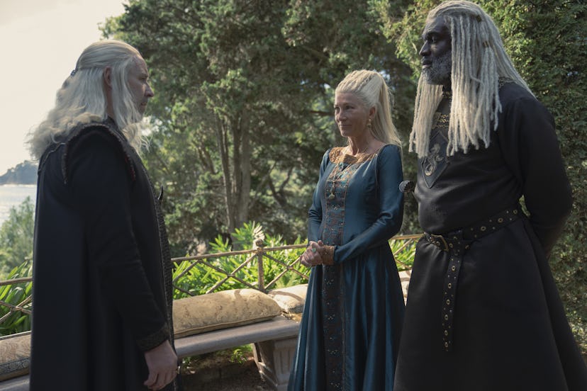 King Viserys with his cousin, Princess Rhaenys and her husband, Lord Coryls Valaryon.
