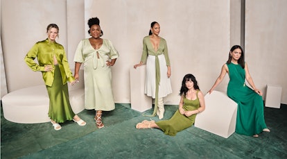 Actresses from The Lord of the Rings: The Rings of Power all wearing modern day green outfits.