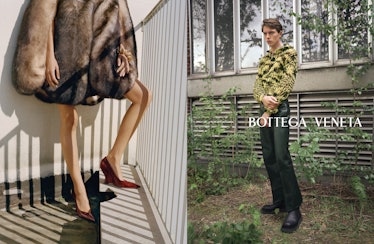 A person wearing a fur coat and another person wearing a black and yellow knit top in a Bottega Vene...