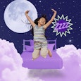 Collage Of A Little Girl Bouncing On A Purple Bed In The Clouds Representing The Chillest Bedtime Ro...