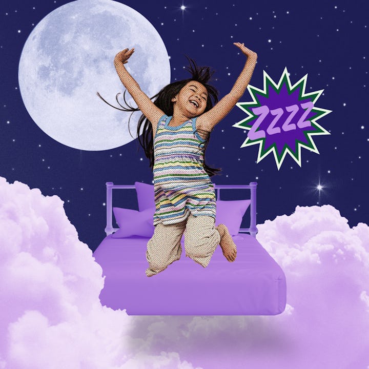 Collage Of A Little Girl Bouncing On A Purple Bed In The Clouds Representing The Chillest Bedtime Ro...