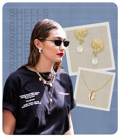 Gigi Hadid wearing shell necklaces paired with streetwear
