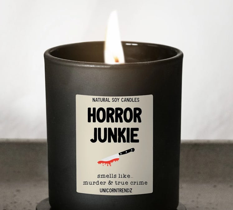 The horror junkie candle is one of the coziest fall candles to try from Etsy.