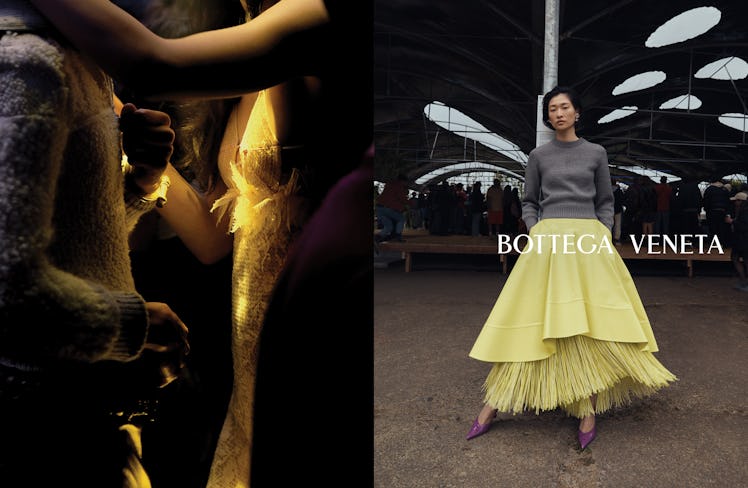 A closeup two people dancing and a portrait of Chu Wong wearing a large yellow skirt in a Bottega Ve...