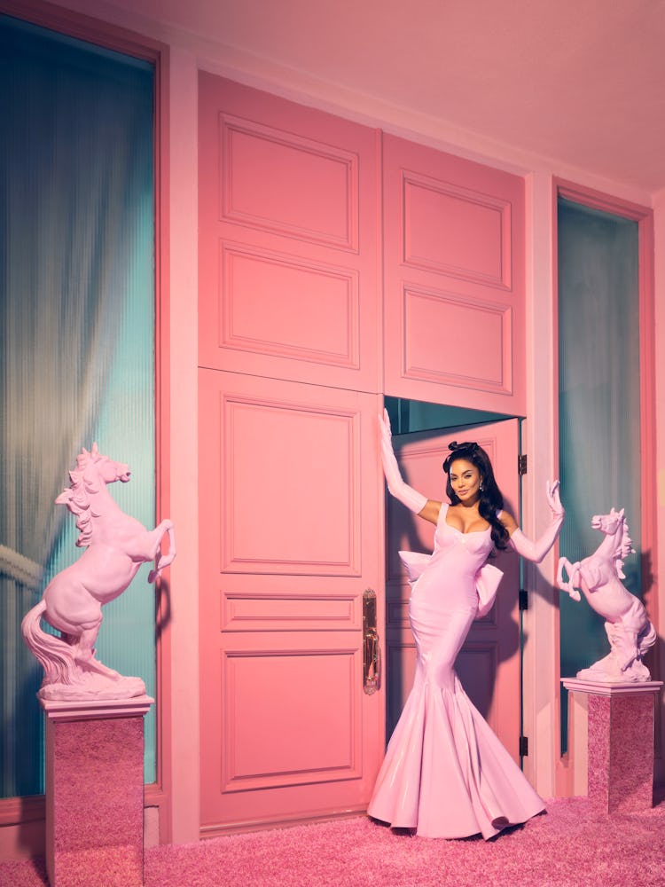 Vanessa Hudgens wearing the pink GCDS dress in the all-pink interior